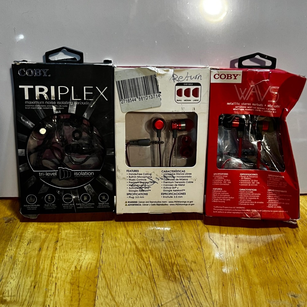 Coby 3-Pack Earbuds Untested Triplex Metal Wavs Red Black Wired 3.5mm Mic